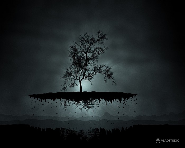 Silhouette of a bare tree on a floating island at night