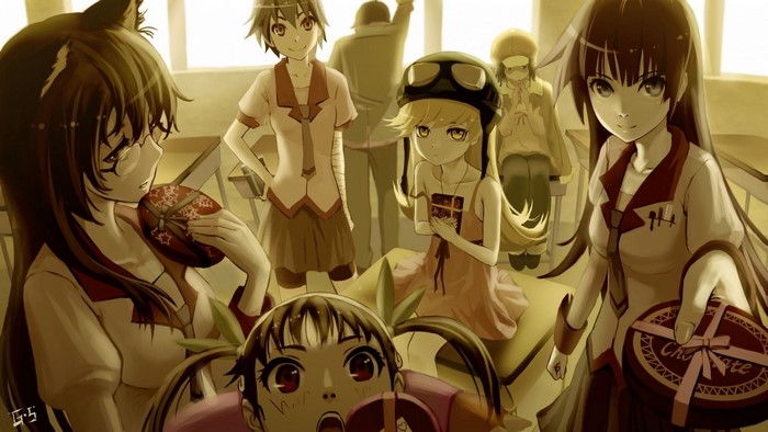 Anime girls from Monogatari Series with chocolates
