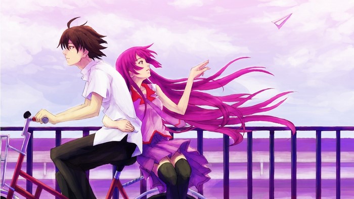 Koyomi Araragi and Hitagi Senjougahara from Monogatari Series riding a bicycle