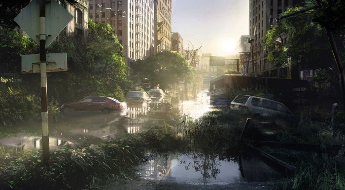 Post-apocalyptic flooded city street with overgrown vegetation