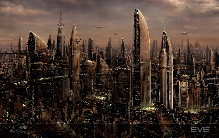 Amarr cityscape from EVE Online at dusk