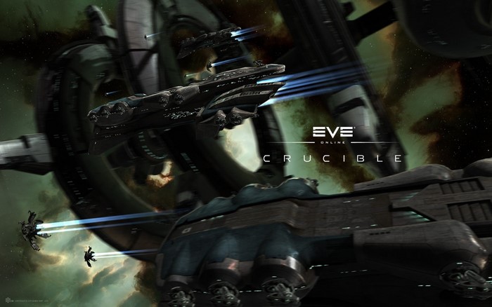Spaceships near a space station in EVE Online: Crucible