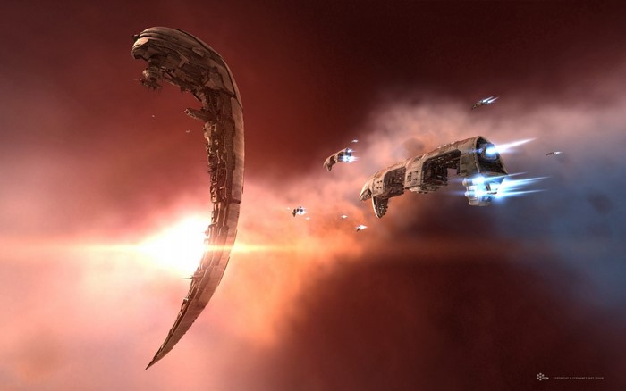 Spaceships in EVE Online near a large space structure