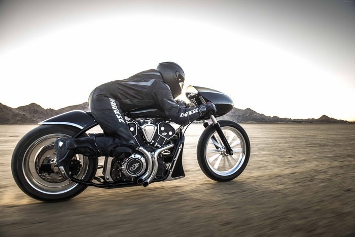 Indian Black Bullet Scout motorcycle in desert