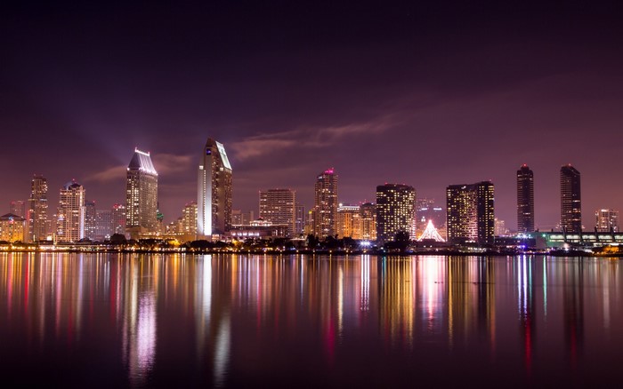 San Diego skyline at night with water reflection