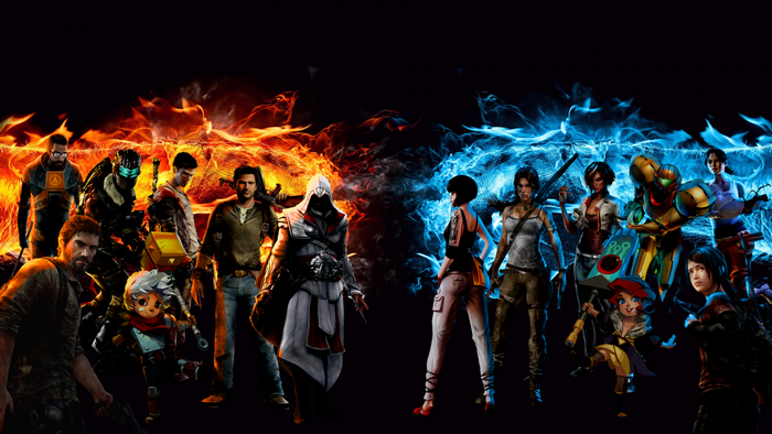 Video game characters with fire and ice effects