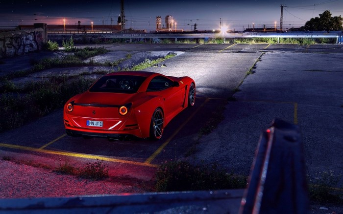 Red Ferrari California T Novitec Rosso in Parking Lot at Night