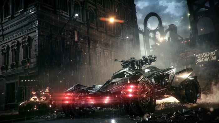The Batmobile from Batman Arkham Knight in a rainy city