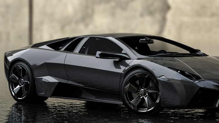 Dark grey Lamborghini Reventon parked on wet surface