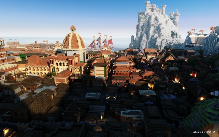 Minecraft city with domed buildings and a castle on a mountain