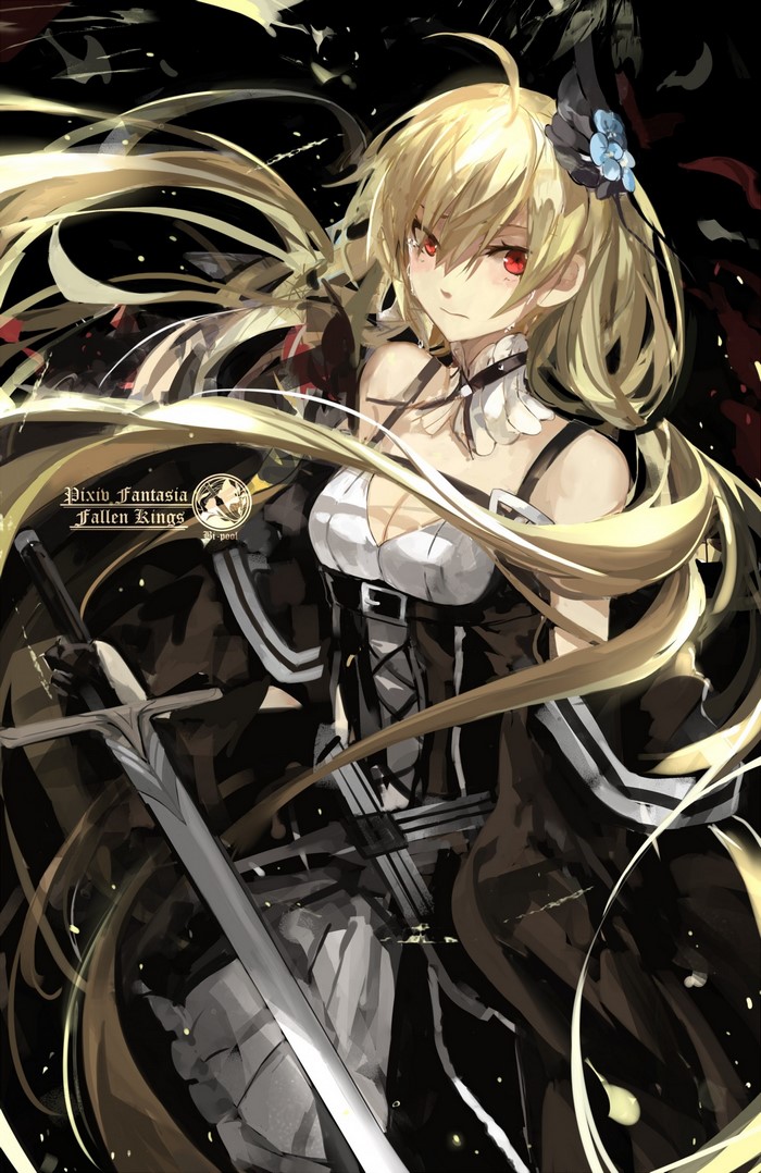 Anime girl with blonde hair and red eyes holding a sword