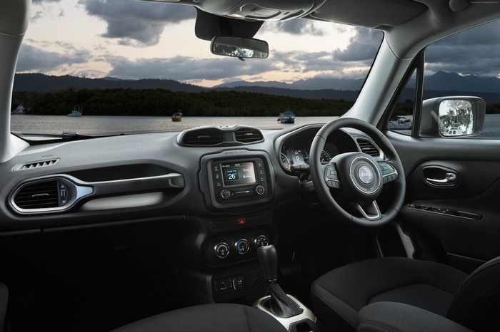 Interior of a Jeep Renegade Sport with a scenic view