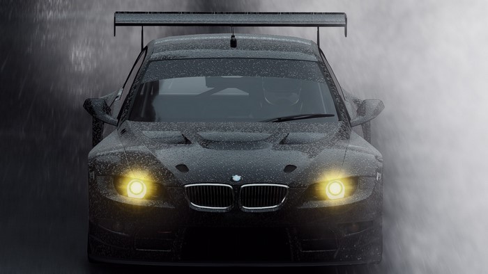 BMW M3 GT2 race car in the rain