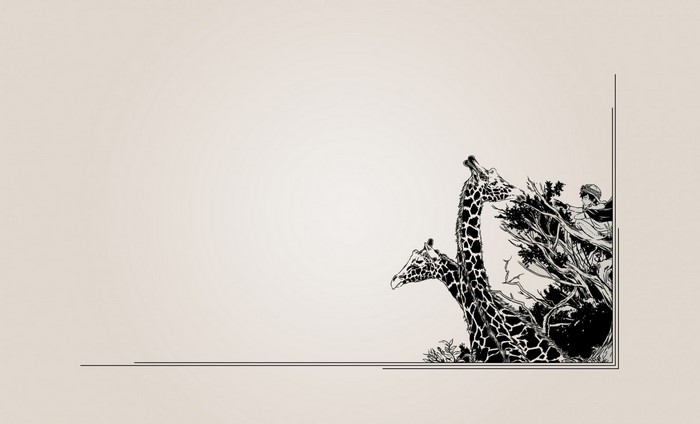 Two giraffes and a person in trees, black and white illustration