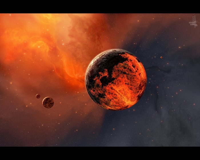 Fiery Lava Planet in Outer Space Nebula