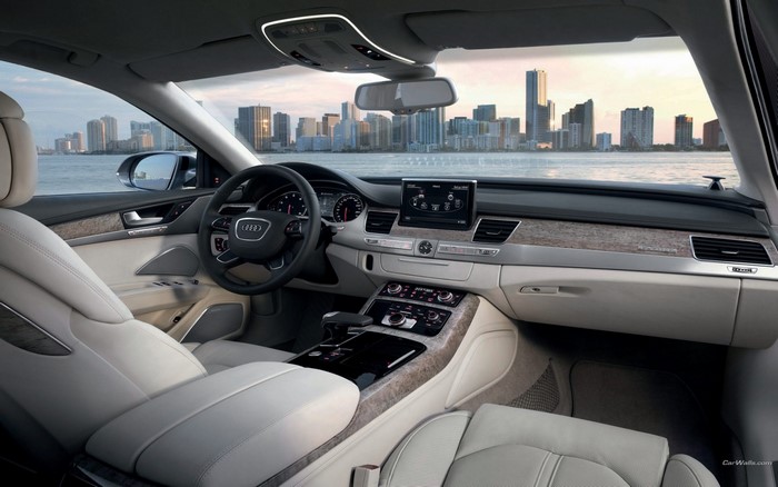 Audi A8 interior with city skyline view