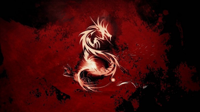 Tribal dragon illustration on red and black background