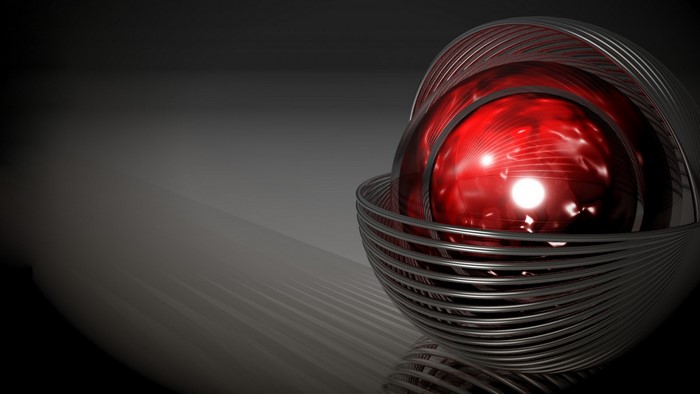 Abstract red sphere inside metallic structure