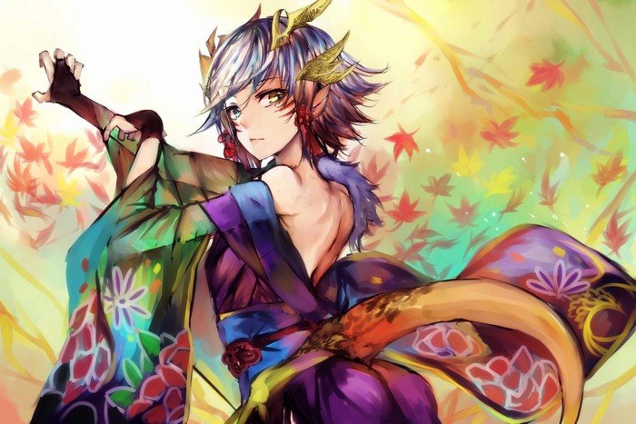 Anime character in a kimono with autumn leaves
