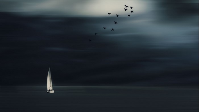 Sailboat and birds in a dark, atmospheric seascape