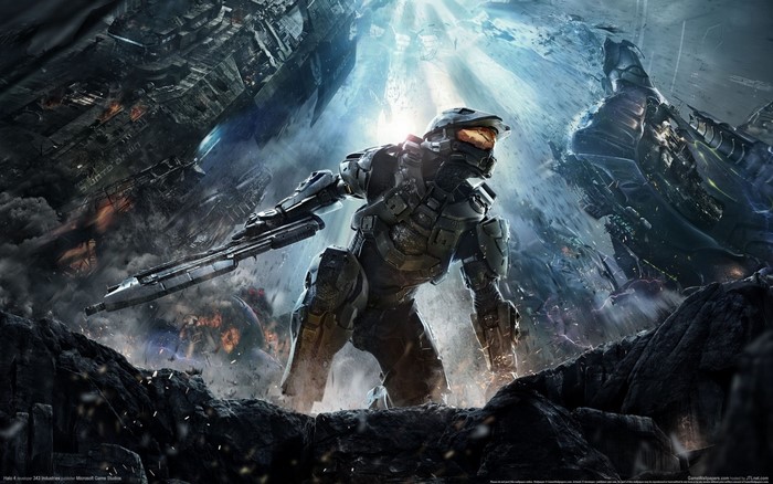 Master Chief from Halo 4 in a destroyed environment