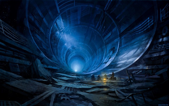 People gathered in a futuristic blue tunnel