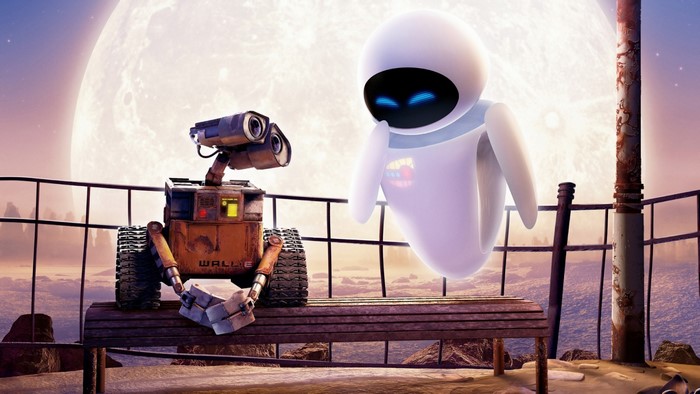 WALL-E and EVE on a bench with a large moon