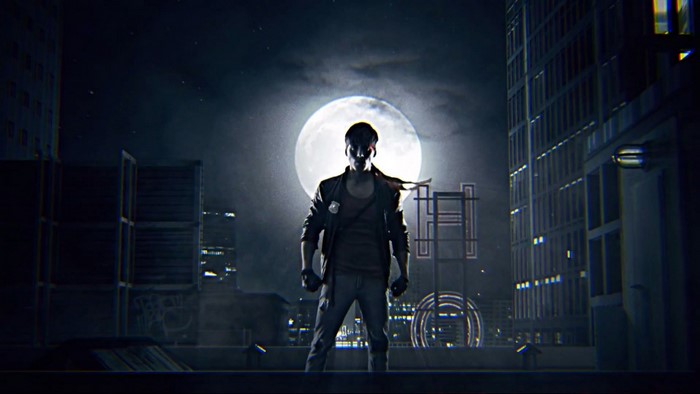 Kung Fury character standing on a rooftop at night