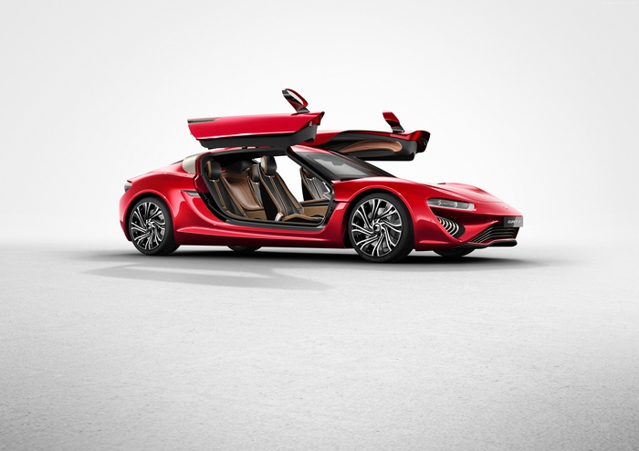 Red NanoFlowcell QUANT F concept car with butterfly doors