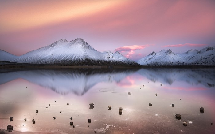 Serene Snowy Mountains at Pink Sunset