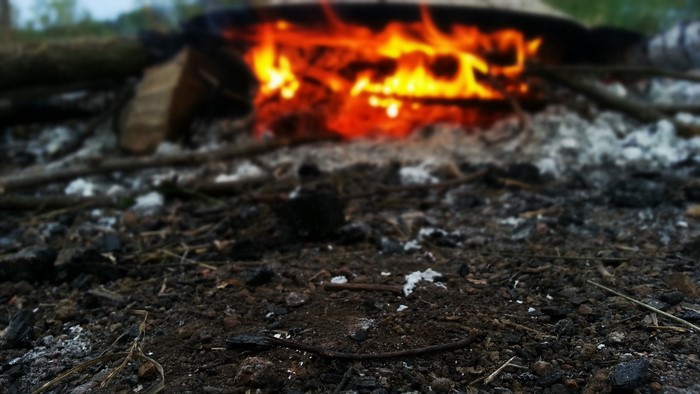 Campfire with burning logs and ash on the ground