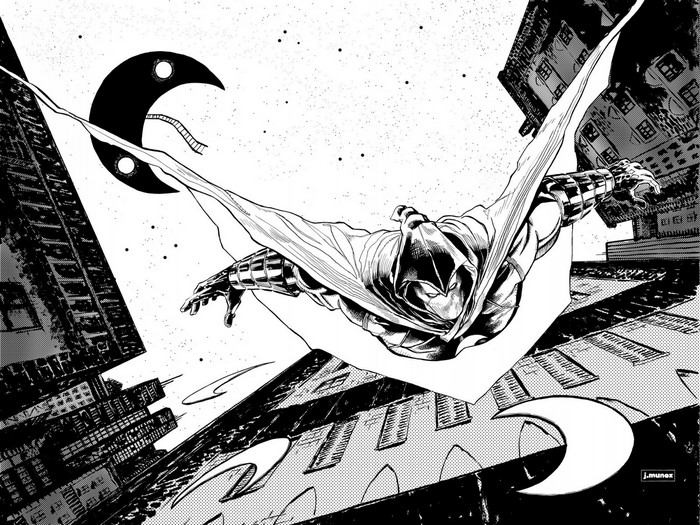 Moon Knight flying over a city at night