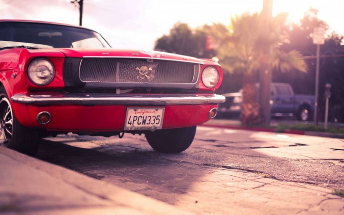 Red Ford Mustang with Skull Grille Emblem