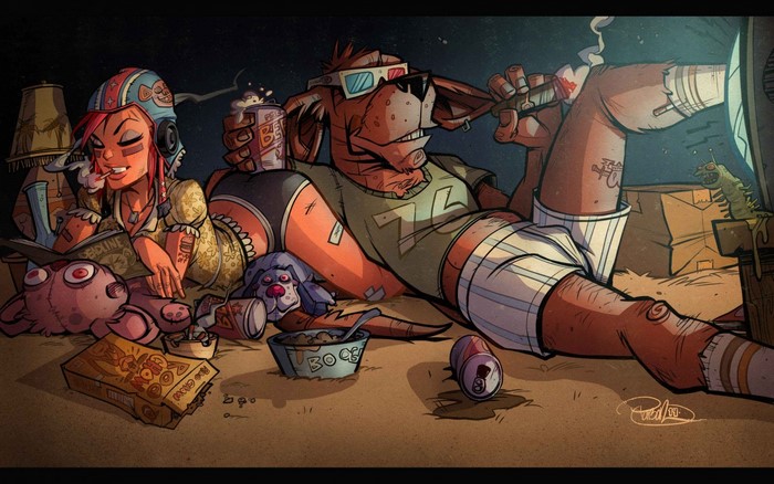 Tank Girl and dog relax with drinks and snacks