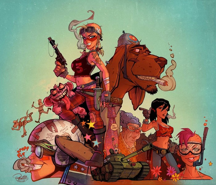 Tank Girl and her crew with a dog and a tank
