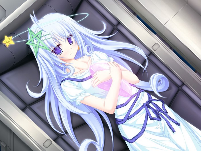 Anime girl with purple eyes and white hair lying down