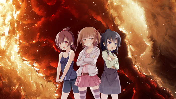 Three anime girls in front of a nebula