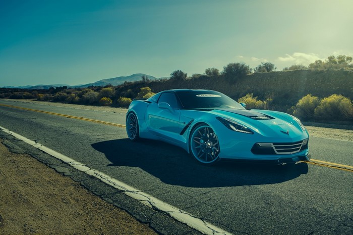 Blue Chevrolet Corvette C7 on a Desert Road