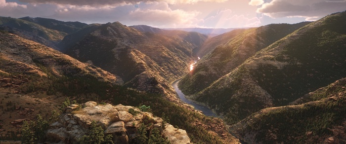 Arlo and Spot from The Good Dinosaur in a canyon