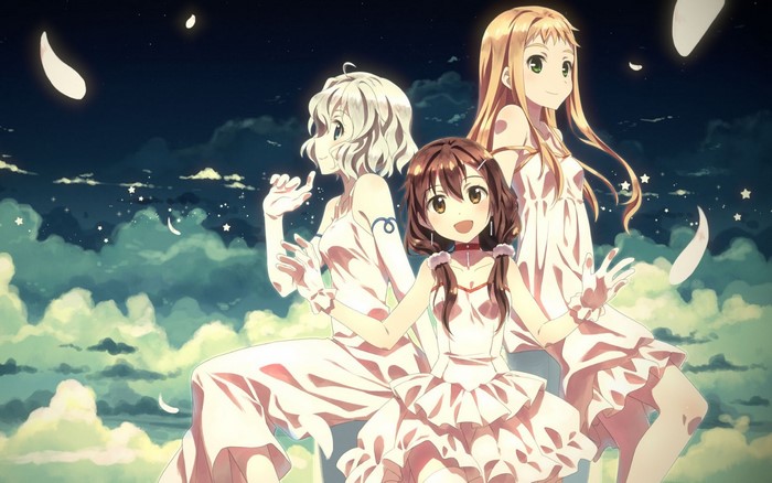 Three anime girls in white dresses under the night sky
