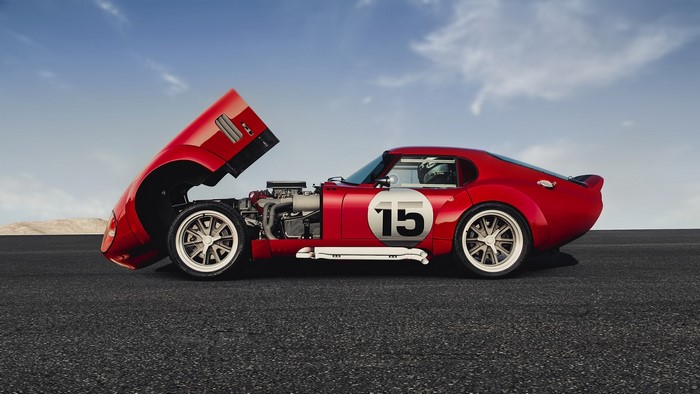Red Shelby Cobra Daytona with hood open