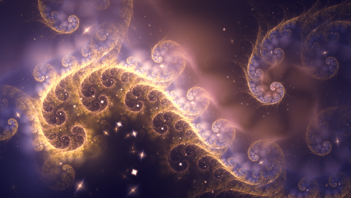 Abstract fractal nebula with golden spirals and sparkles