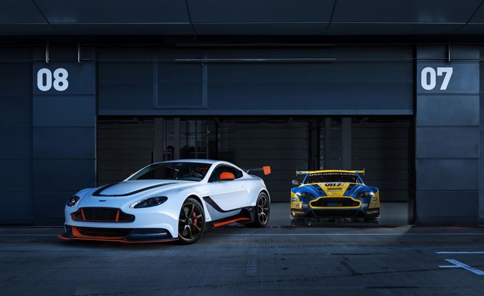 Two Aston Martin race cars in a garage