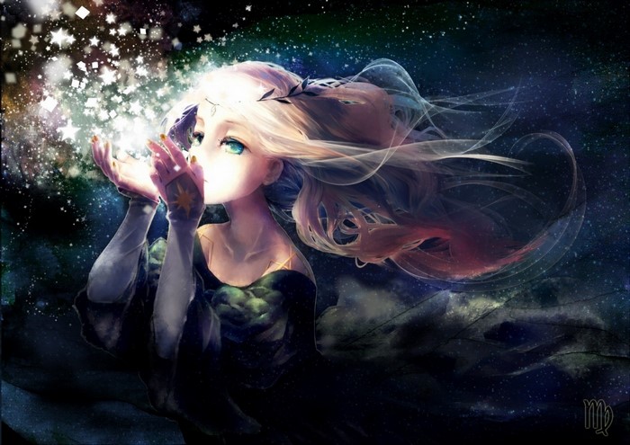 Anime girl blowing stars in a starry night sky