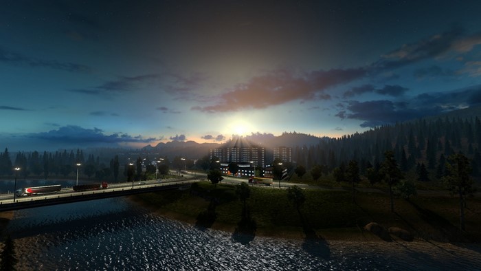 Euro Truck Simulator 2: Sunrise over a bridge and cityscape