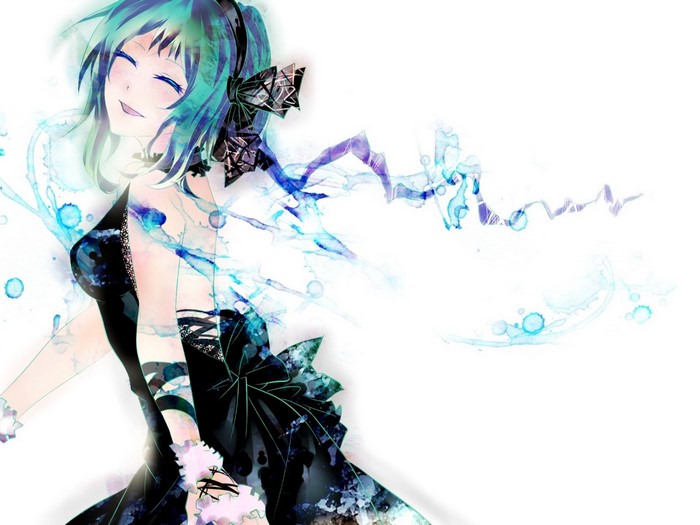 Megpoid Gumi from Vocaloid in a black dress with blue effects