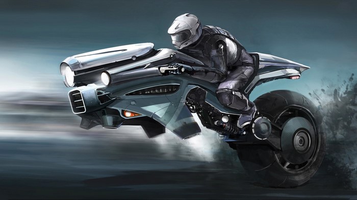 Futuristic motorcycle rider in motion