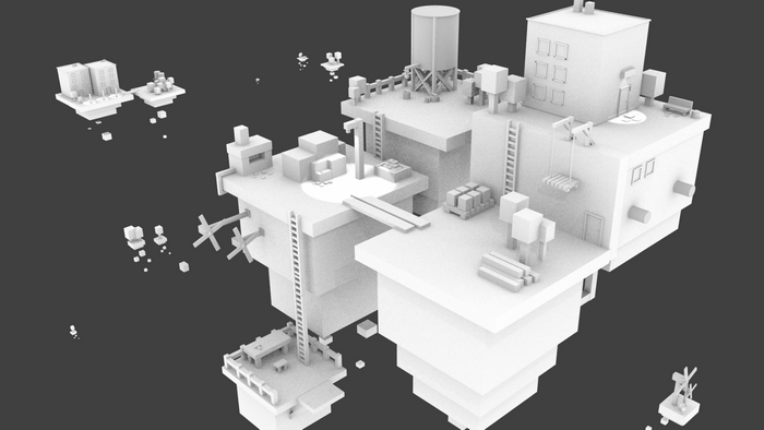3D voxel illustration of floating islands with buildings