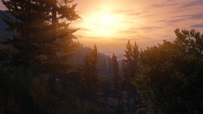 Sunset over a misty forest in Grand Theft Auto V