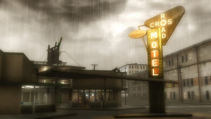 Crossroad Motel sign in the rain